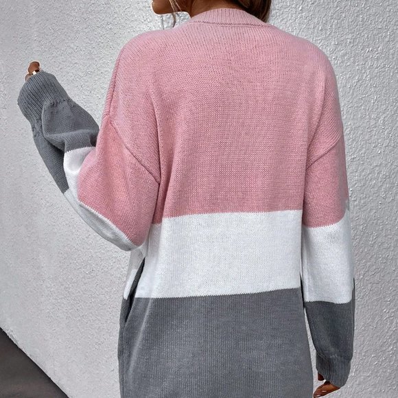 Multicolor Casual Womens Color Block Drop Shoulder Sweater Dress - Picture 2 of 5